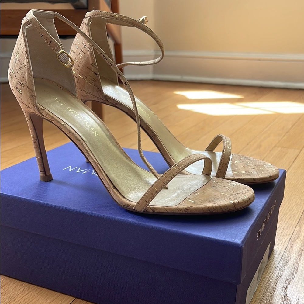 Stuart Weitzman Gold Nude Cork Nudistrong Sandals